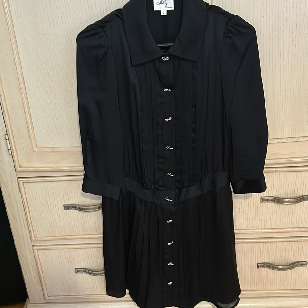 Black satin dress by Milly with stunning rhinestone bow shaped buttons